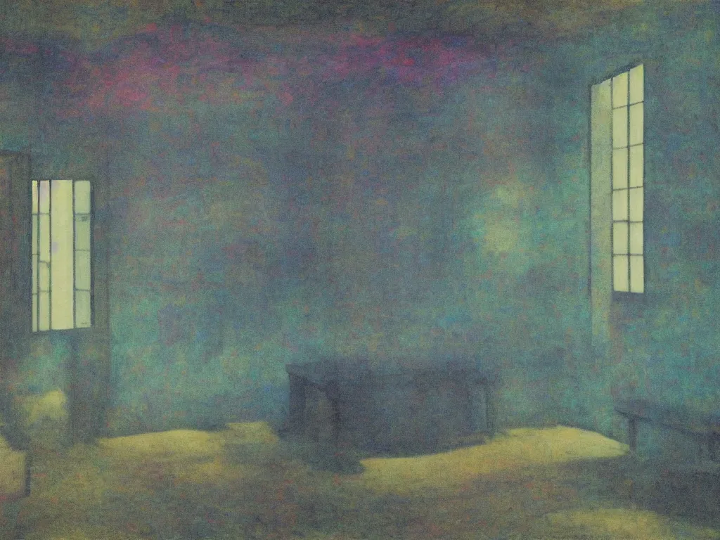 Image similar to interior of a flooded old house. aurora borealis. iridescent, psychedelic colors. painting by hammershoi, balthus, mark rothko, agnes pelton, utamaro, monet