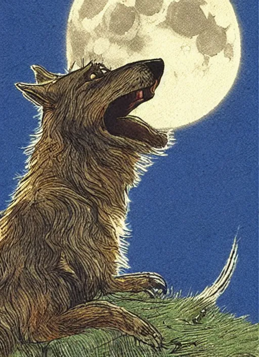 Image similar to howling at the moon, illustrated by peggy fortnum and beatrix potter and sir john tenniel