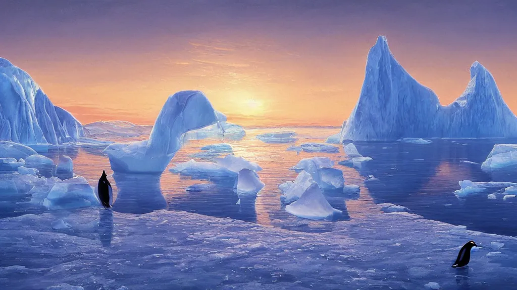 Image similar to the most beautiful panoramic landscape, oil painting, where a giant iceberg is lost in the frozen artic ocean, a giant penguin is exhaling steam while walking over the iceberg, the frozen artic ocean is reflecting the giant penguin and the ray lights of the sunset are brightening him, by greg rutkowski