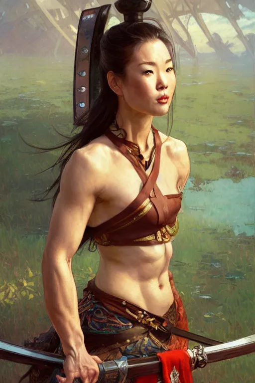 Image similar to full body portrait, thin muscular viking samurai woman, 6 pack ab, symmetrical beautiful face, relaxed pose. by stanley artgerm lau, greg rutkowski, thomas kindkade, alphonse mucha, loish, norman rockwell