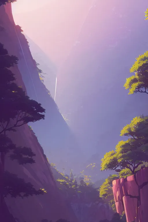 Image similar to evergreen valley, waterfalls, ancient marble city, tall buildings, wide view, landscape, by makoto shinkai and lois van baarle, ilya kuvshinov, rossdraws, tom bagshaw, global illumination, morning light, radiant light