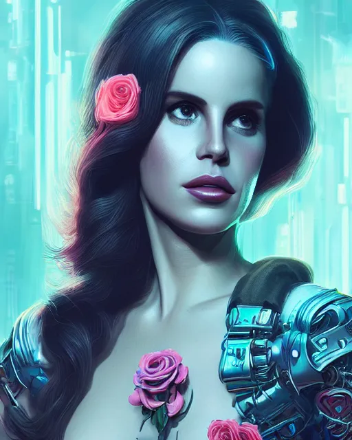 Image similar to portrait of lana del rey as a cyberpunk cyborg. roses, sci - fi, intricate abstract, upper body, intricate artwork, by tooth wu, wlop, beeple, dan mumford. concept art, 8 k octane render, deviantart, greg rutkowski, cinematic, key art, hyperrealism, iridescent accents