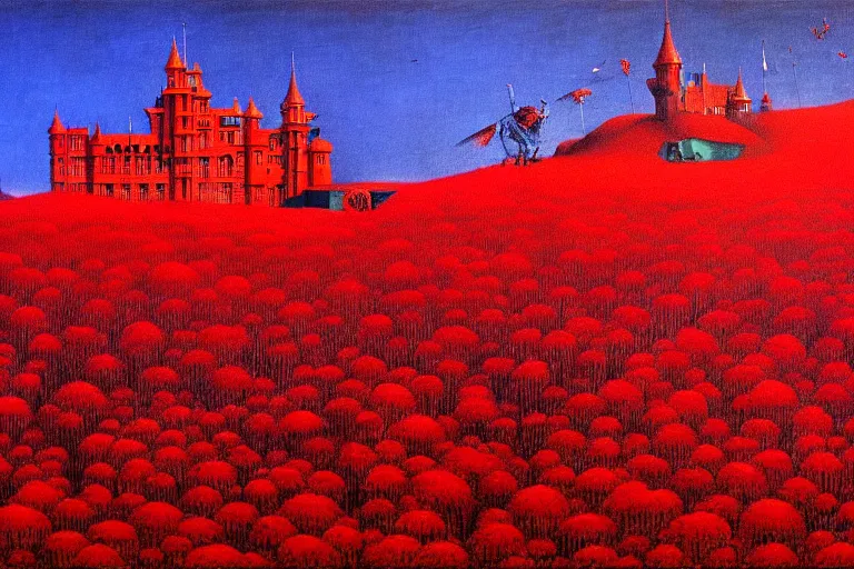 Image similar to only with red, red flowers of different types, red castle in background, red medieval big goblins, in the style of beksinski, parts by edward hopper, parts by rodcenko, parts by yue minjun, intricate and epic composition, red by caravaggio, insanely quality, highly detailed, masterpiece, red light, artstation, 4 k