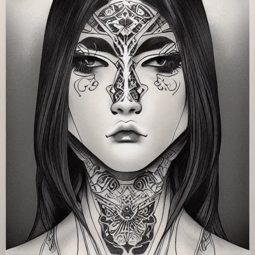 Image similar to tattoo design, stencil, beautiful young female, long dark hair, symmetrical facial features, Japanese, partially clothed in robe, by William-Adolphe Bouguerea and artgerm