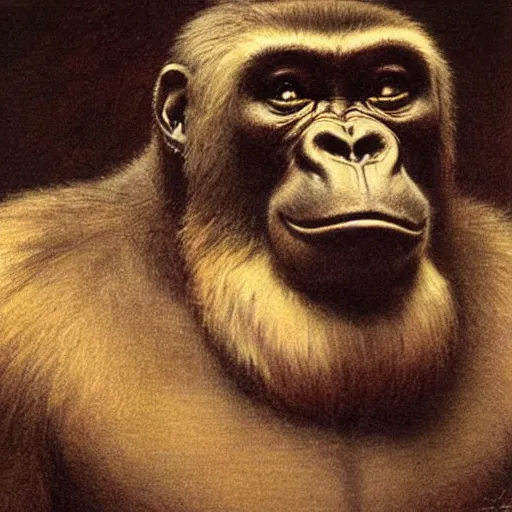 Image similar to highley detailed potrait of a gorilla, painting by gaston bussiere, craig mullins, j. c. leyendecker, lights, art by ernst haeckel, john william godward, hammershøi,