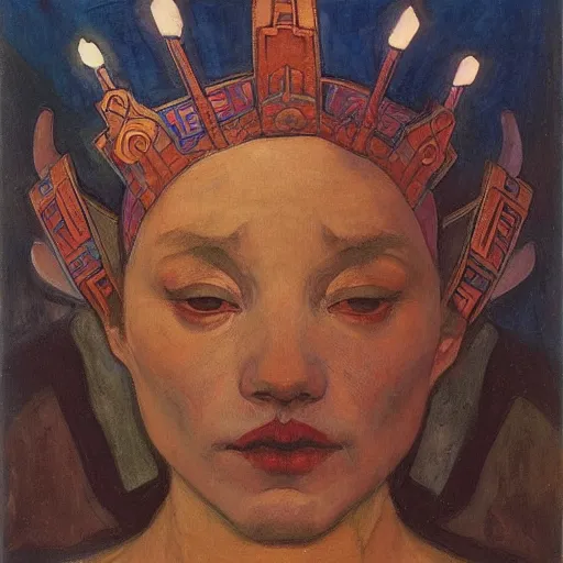 Image similar to crown of shadows, by Annie Swynnerton!! and Nicholas Roerich! and (((((( Diego Rivera)))))), bioluminescent skin!, elaborate costume, geometric ornament, symbolist, rich colors, dramatic lighting, smooth, sharp focus, extremely detailed