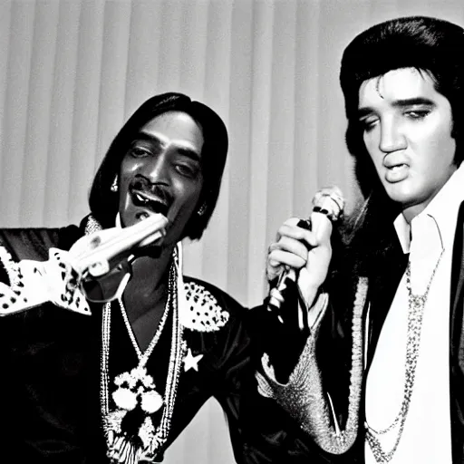 Image similar to elvis presley and snoop dog singing a duet in 2 0 2 2, one microphone, in las vegas, detailed, beautiful, color photo, f 1. 8, promotional poster, photorealistic