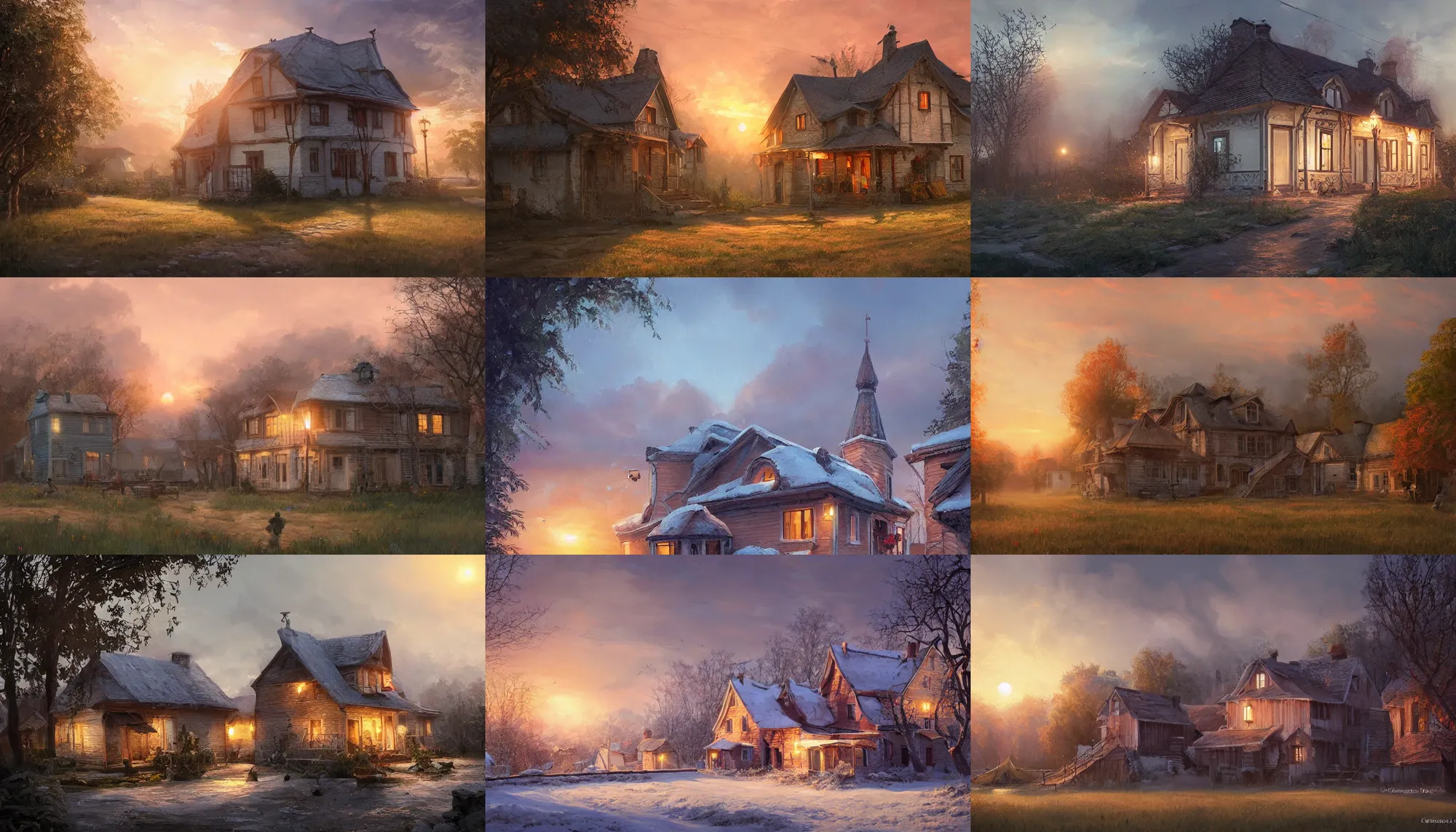 Prompt: beautiful painting of house in russian village during sunset, wide shot, digital painting, intricate details, trending on artstation, concept art, octane render, realistic, highly detailed, smooth, sharp focus, beautiful, 4 k, 8 k, hd, art by charlie bowater and artgerm and greg rutkowski