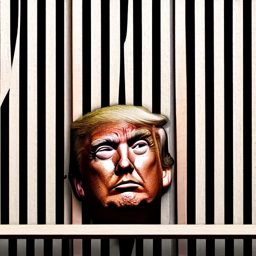 Image similar to trump behind bars in striped prison clothes commemorative plate, 3 d high definition, trending on artstation, intricate detail, finely detailed, small details, extra detail, photorealistic, high resolution, vray, 8 k, octane, hdr, hyper detailed, insane details, intricate, elite, ornate, elegant, luxury