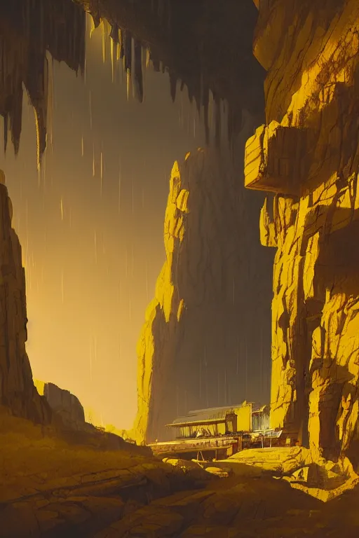 Image similar to ancient temple glowing yellow in a canyon, light streaks in the sky, dramatic lighting, artstation, matte painting, ralph mcquarrie, simon stalenhag