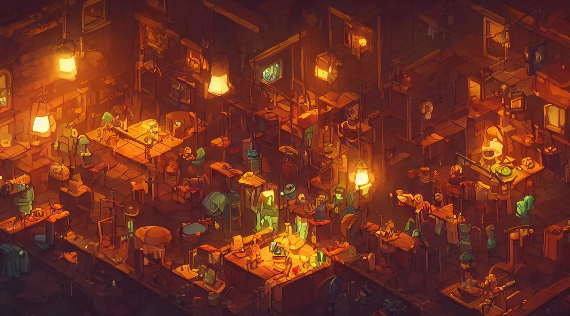 Image similar to A multidimensional cozy tavern, retro video game vibe, cinematic lighting, epic composition, cartoon, animation, background art, post processing, 8K resolution