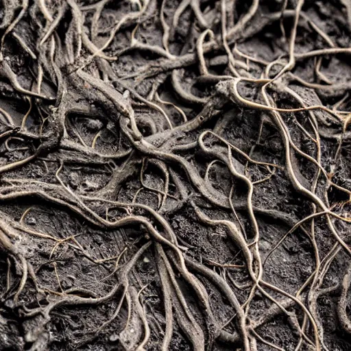 Prompt: photograph of pitch black, tar - like roots with lots of tendrils spreading everywhere, intricate detail, goopy, deep black roots, infestation