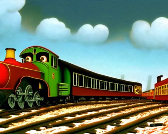 Image similar to locomotive by jack yerka, still frame from thomas and friends by wojciech siudmak, thomas train by rafal olbinski, grandoise surreal train with locomotive and endless wagons, steam _ locomotive steam _ locomotive steam _ locomotive