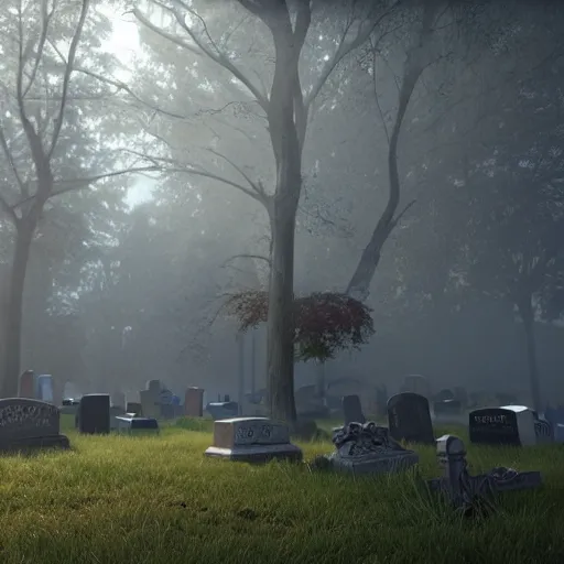 Image similar to still shot of a grave yard covered in morning fog, highly detailed, photorealistic portrait, bright studio setting, studio lighting, crisp quality and light reflections, unreal engine 5 quality render