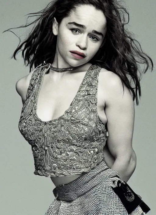 Image similar to emilia clarke in mini skirt and crop top tank top, platform boots, beautiful face, intricate, extremely detailed, modeling photography, 8 0 mm camera, dramatic lighting, dark room, body and face