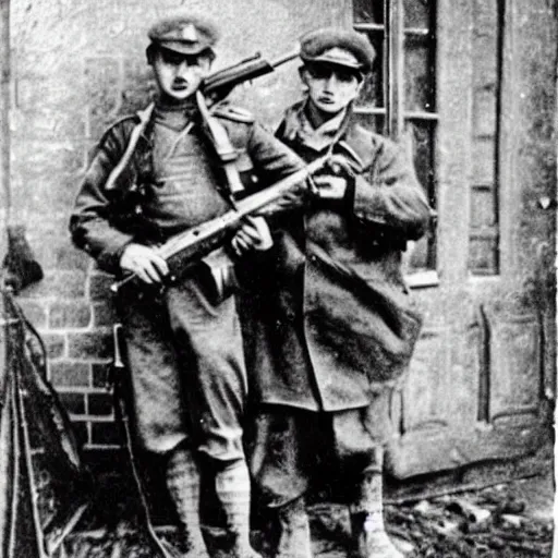 Prompt: old wartime photograph of spiderman holding a lewis gun, 1 9 1 7