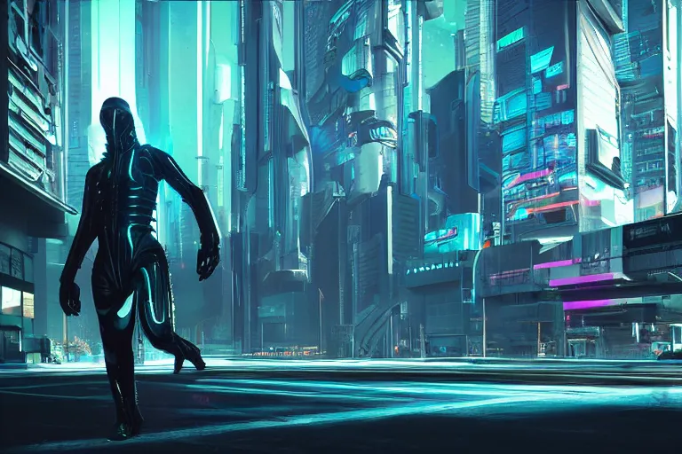 Image similar to cyberpunk alien concept inspired street, futuristic look, highly detailed body, very powerful, photorealistic camera shot, bright studio setting, studio lighting, crisp quality and light reflections, unreal engine 5 quality render