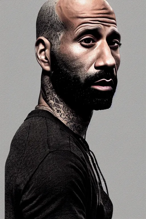 Image similar to joe budden, realistic portrait annie leibovitz photography, symmetrical, highly detailed, digital painting, artstation, concept art, smooth, sharp focus, illustration, cinematic lighting