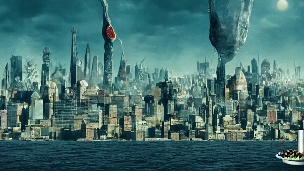 Prompt: the giant pizza floats the city, film still from the movie directed by denis villeneuve and david cronenberg with art direction by salvador dali and dr. seuss