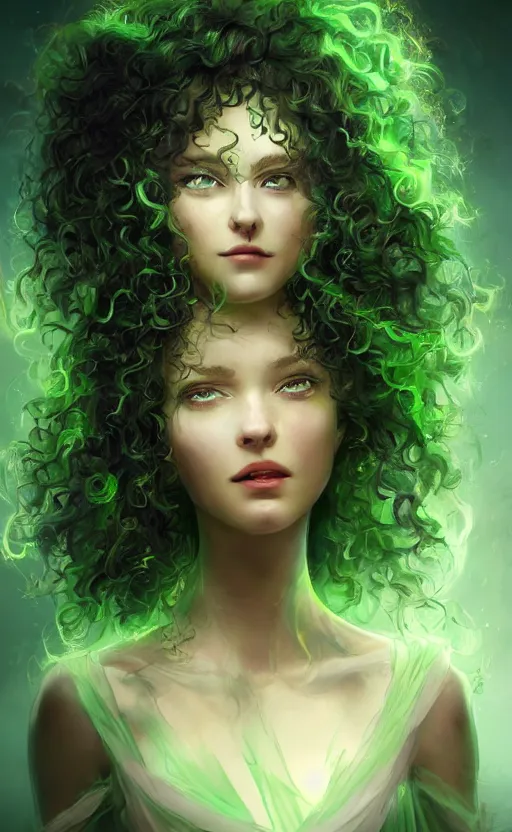 Image similar to a young woman with wild, curly hair and bright green eyes. she's wearing a flowing dress made of light, airy fabric and she has a mischievous look on her face, dynamic lighting, photorealistic fantasy concept art, trending on art station, stunning visuals, creative, cinematic, ultra detailed