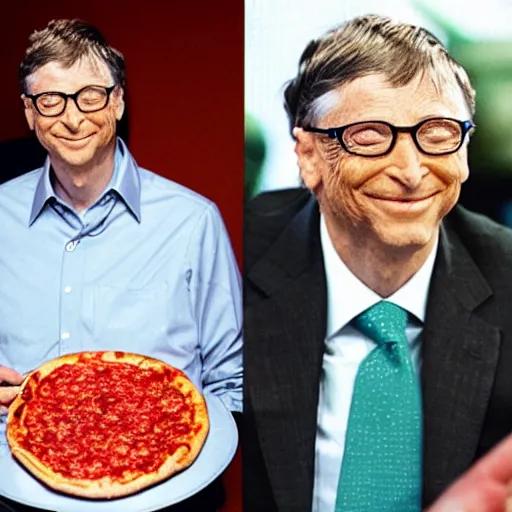 Prompt: bill gates enjoying a pepperoni pizza