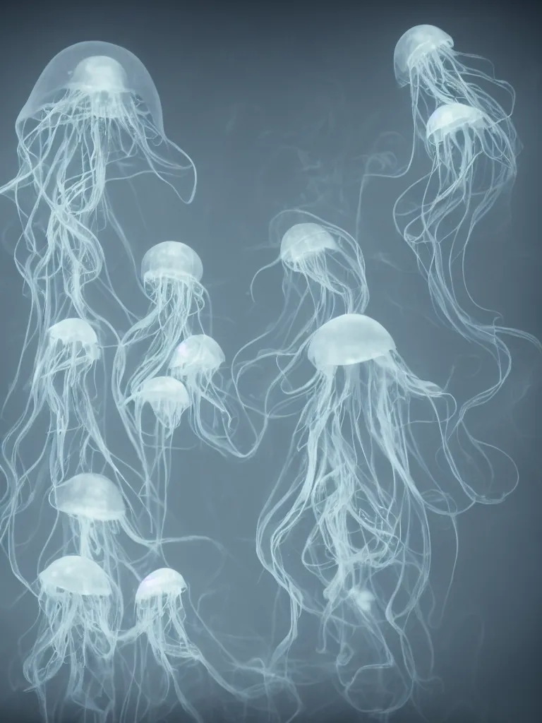 Image similar to cute fumo plush beautiful ectoplasmic gothic skeletal jellyfish ghost twins, glowing milky wisps of hazy smoke and volumetric fog, lens flare, subsurface scattering, vignette, asymmetry, bokeh, refraction, vray