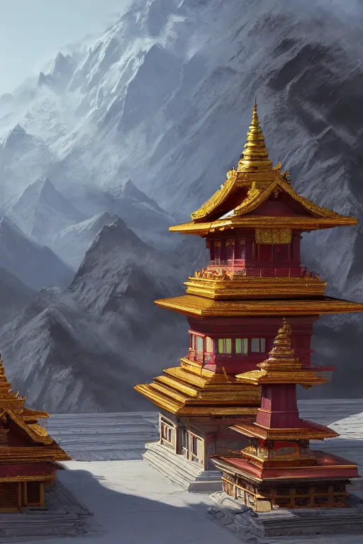 Prompt: Himalayan temple complex, art by Quentin Mabille, trending on artstation, artstationHD, artstationHQ, 4k, 8k