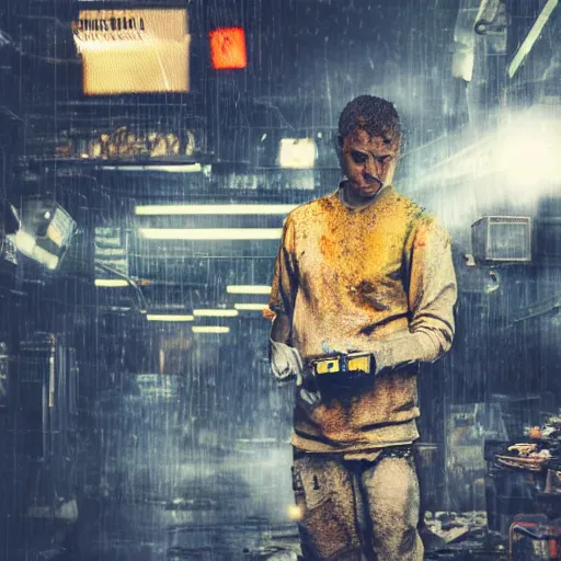 Image similar to augmented human repairing old yellow casette deck, dark messy smoke - filled cluttered workshop, sparks, dark, dramatic lighting, orange tint, cinematic, highly detailed, sci - fi, futuristic, movie still from blade runner