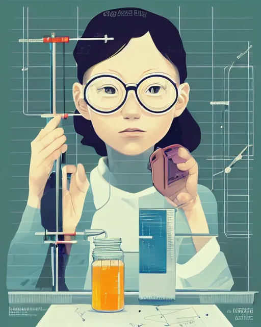 Image similar to a little girl in science lab experiment test tube microscope map. clean cel shaded vector art. minimalist illustration art by lois van baarle, artgerm, helen huang by makoto shinkai and ilya kuvshinov, rossdraws