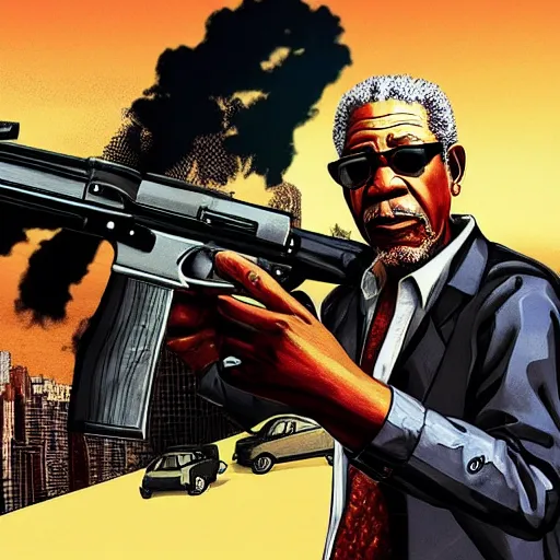 Prompt: Gangster Morgan Freeman holding an AK-47 in GTA V Cover art