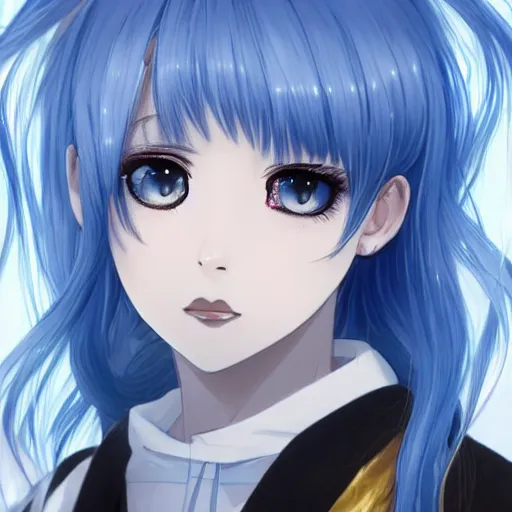 Image similar to profile shot of rimuru tempest, sky blue hair, ponytail, long bangs, gold eyes, black jacket with white stripes and a high collar, highly detailed, roman city, professional art, concept art, shutterstock, cinematic, wlop | art by pixiv, ilya kuvshinov, greg rutkowski, yoshitaka amano