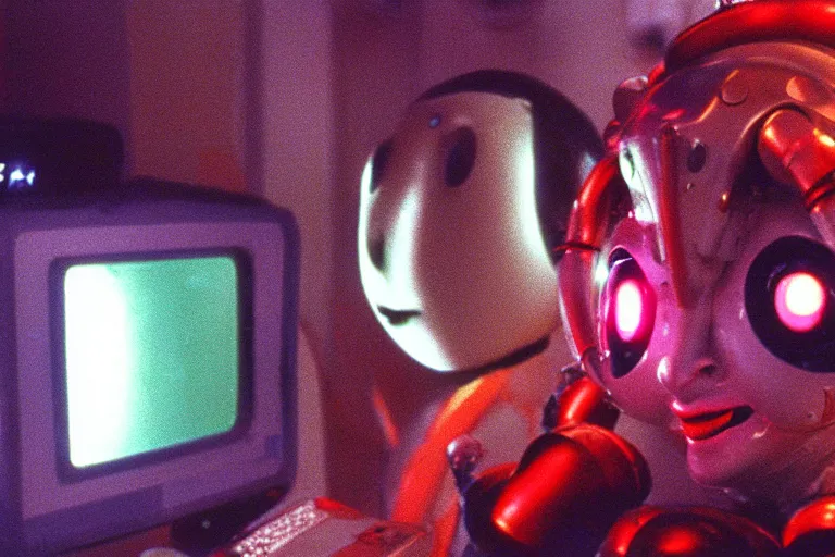 Image similar to cute robo - clowngirl in clowncore cyberspace, fractal, in 2 0 5 5, y 2 k cutecore clowncore, low - light photography, bathed in the glow of a crt monitor, still from a ridley scott movie