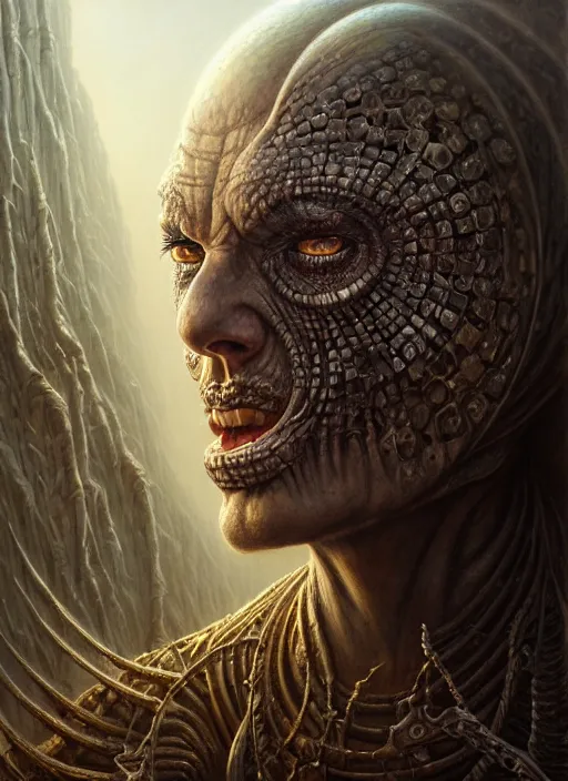 Image similar to closeup portrait shot of a ancient evil in a scenic dystopian environment, intricate, elegant, highly detailed, centered, digital painting, artstation, concept art, smooth, sharp focus, illustration, artgerm, tomasz alen kopera, peter mohrbacher, donato giancola, joseph christian leyendecker, wlop, boris vallejo