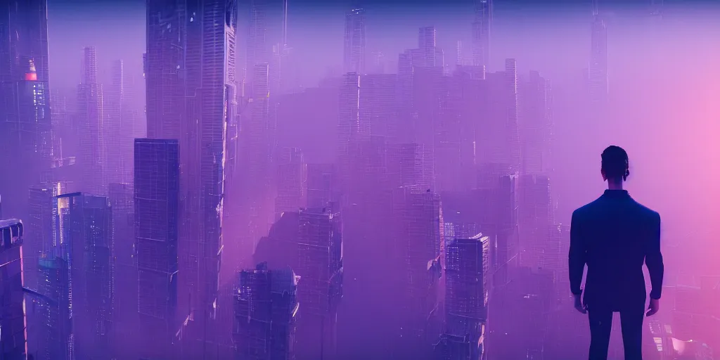 Image similar to a view of a man's back standing on top of a building, with purple - blue style cyberpunk city buildings in the background, volumetric light, cinematic, moody, octane render 4 k, 8 k