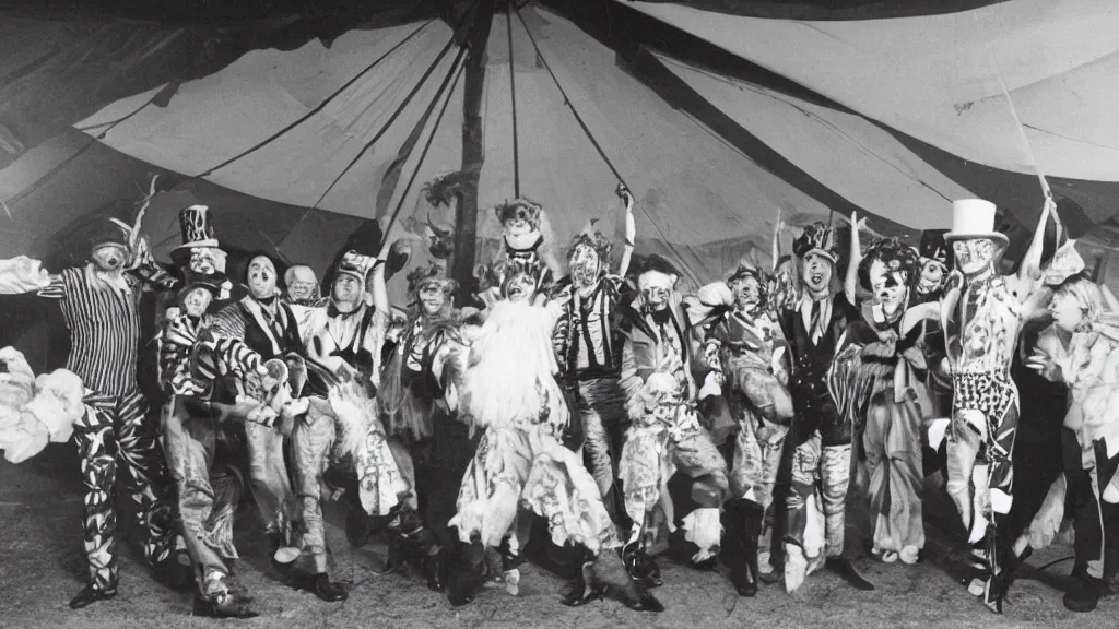 Image similar to of a gang of circus clowns, drinking alcohol, inside a circus tent