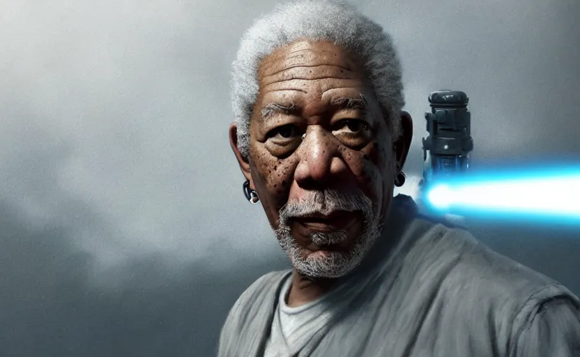 Image similar to morgan freeman holding a lightsaber, water landscape, dramatic lighting, cinematic, establishing shot, extremly high detail, photorealistic, cinematic lighting, post processed, concept art, artstation, matte painting, style by greg rutkowsky