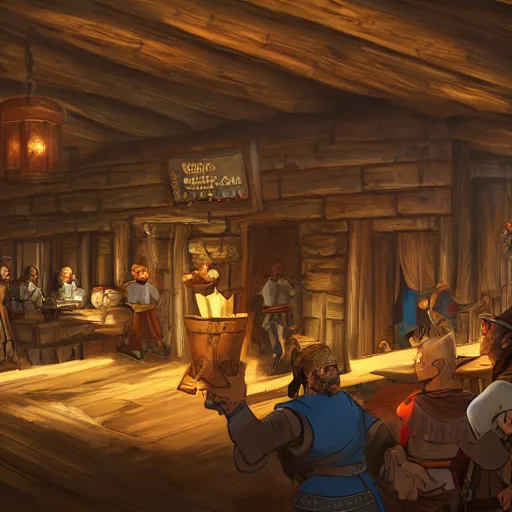 Prompt: A tavern filled with adventurers, medieval fantasy, warm lighting, wide shot,