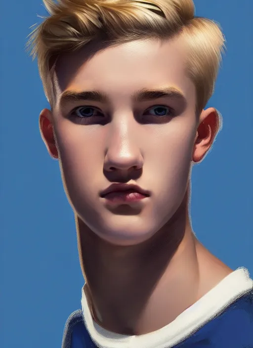 Image similar to portrait of a teenage boy named moose mason, blonde short hair, jock, beefy, square jaw, square facial structure, 1 9 5 0 s, blue varsity jacket, intricate, elegant, glowing lights, highly detailed, digital painting, artstation, concept art, smooth, sharp focus, illustration, art by wlop, mars ravelo and greg rutkowski