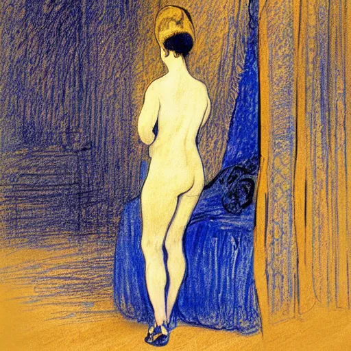 Image similar to a girl in a blue and gold ivory room, film still by goya, by henri de toulouse - lautrec, elegant drawing, digital painting, jugendstil, art noveau, strong lights, flat colors, pastel colors