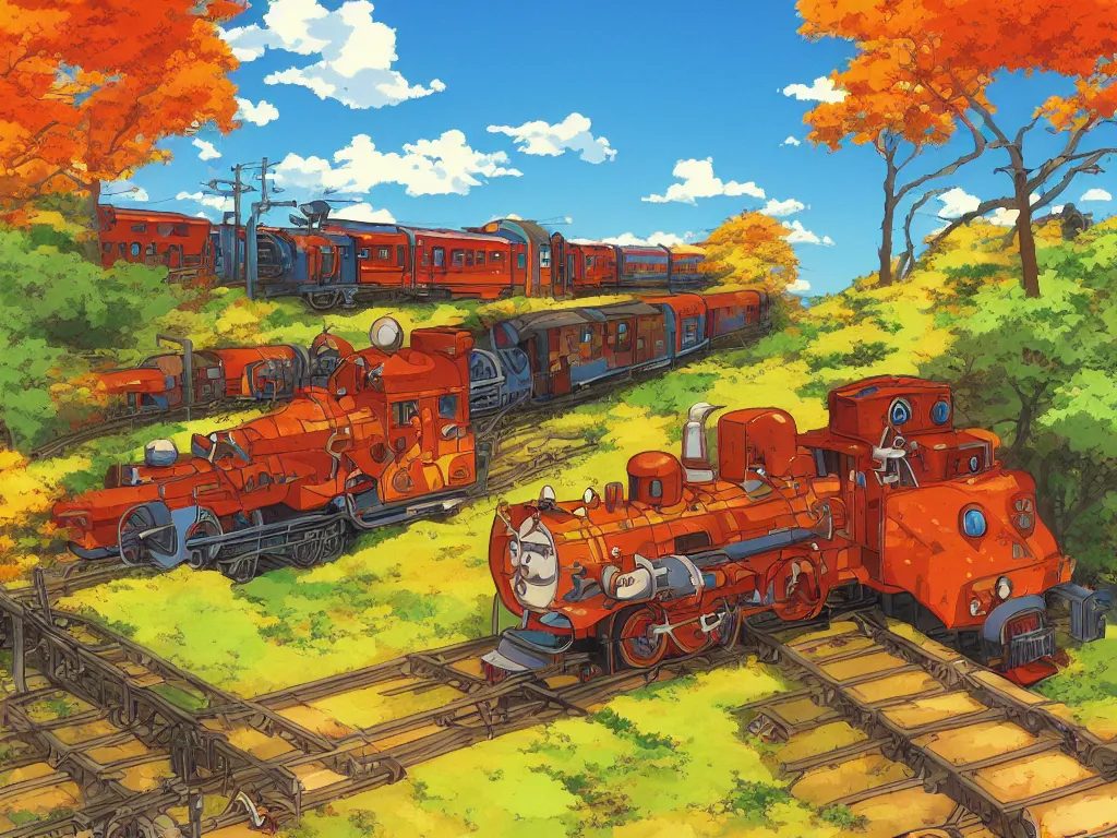 Image similar to longitudinal cut sideview of a anime train, autumn light, colorful, nausicaa of the valley of the wind, beautiful, by studio ghibli, digital art, concept art, manga, cute and adorable, illustration