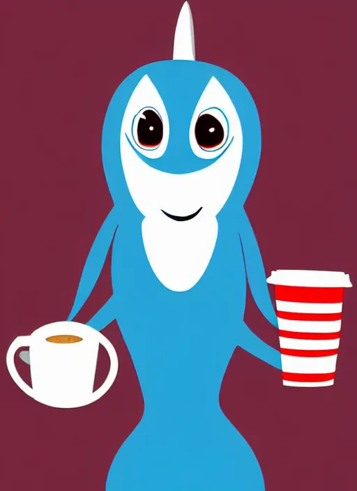 Image similar to female anthropomorphic blue shark with red hair holding a cup of coffee, digital art