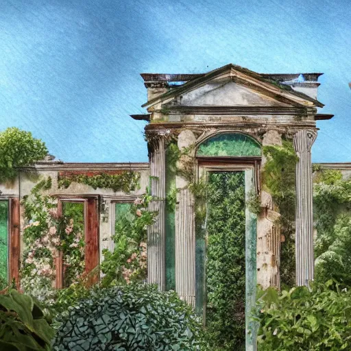 Image similar to garden on paper floating puffy vines herbarium watercolors iridescent 8 k wide angle realistic artstation italian neoliberty architecture pompeii