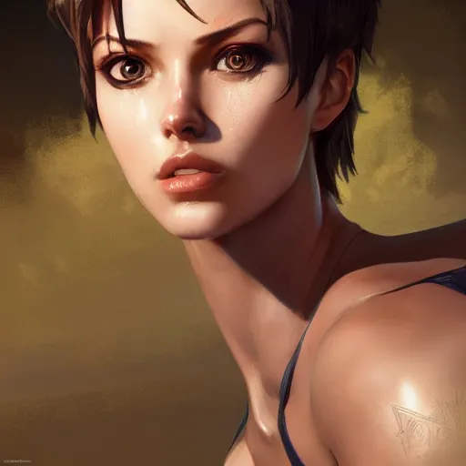 Image similar to portait of tracer in a bikini, hyperdetailed, intricate, very beautiful face, pretty face, very detailed eyes, by greg rutkowski, wlop, unreal engine 5, trending on artstation