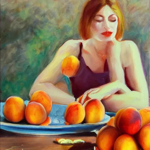 Prompt: beautiful woman in the background, table and plate of peaches in the foreground, natural light, oil painting style,