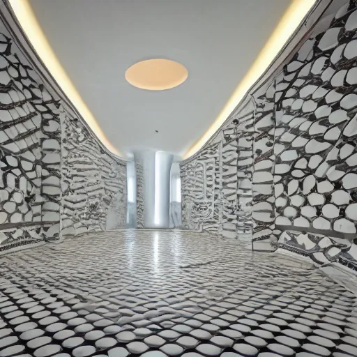 Prompt: photo of a bizarre oddly-shaped interior covered by ceramic white tiles with shallow water everywhere