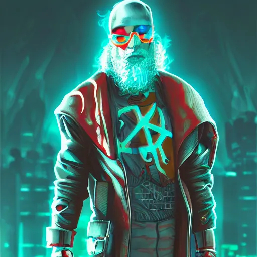 Prompt: cyberpunk sinterklaas as the leader of a futuristic communist nation, cybernetics, sharp lines, digital, artstation, colored in