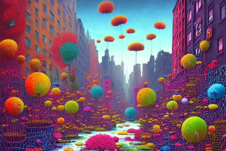 Prompt: surreal glimpse into other universe, new york, summer morning, very coherent and colorful high contrast, art by!!!! gediminas pranckevicius!!!!, geof darrow, floralpunk screen printing woodblock, dark shadows, hard lighting, stipple brush technique,
