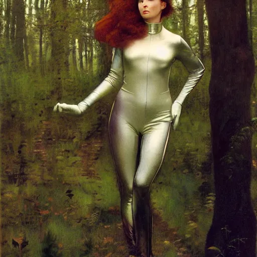 Prompt: beautiful woman with auburn hair in a skin-tight designer spacesuit, aloof in the forest at dusk, by Edgar Maxence and Ross Tran and Michael Whelan and Gustav Klimpt