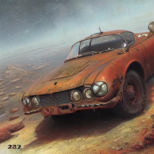 Image similar to vintage, old, rusty, ussr, soviet car, iz 2 1 2 5!!!, as a realistic scifi spaceship!!!, wide angle shot art by donato giancola and greg rutkowski, vintage retro scifi, realistic space, digital art, trending on artstation, symmetry!!!