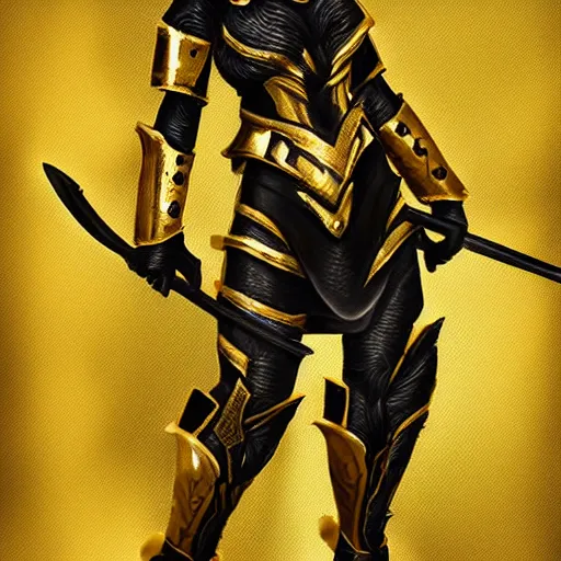 Image similar to female warrior in gold and black armor, semi-realistic, fantasy, digital painting, highly detailed